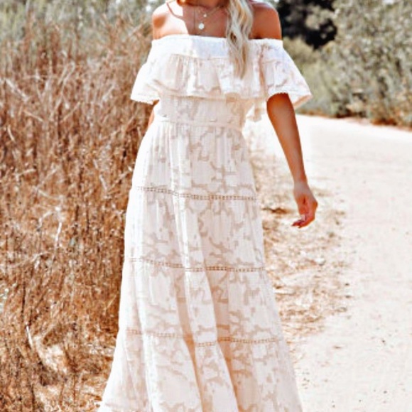 NWT WHITE OFF-THE-SHOULDER RUFFLED LACE MAXI DRESS Medium - Picture 7 of 17